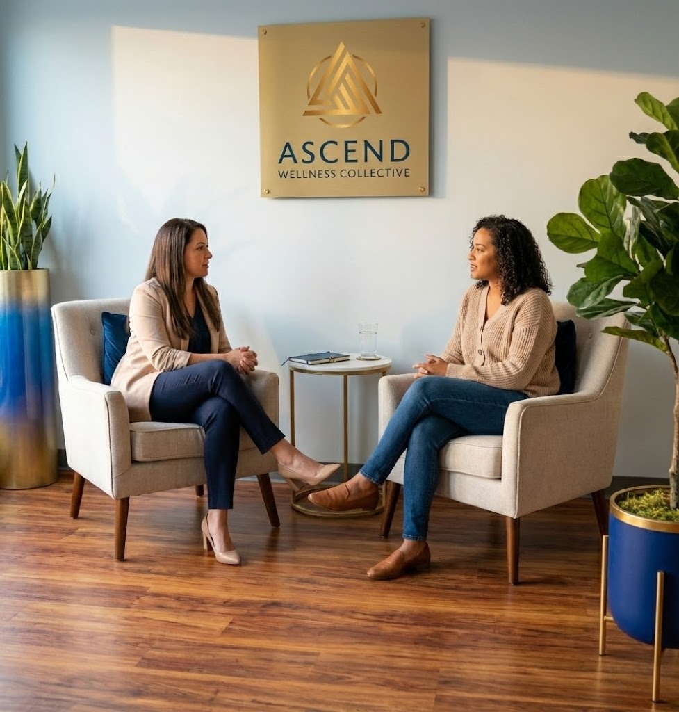 Ascend rotating cover phote Ascend Wellness Collective waiting room with 2 women chatting